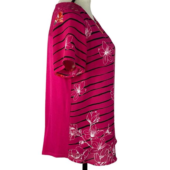 APT 9 Medium Top Floral Striped Round Keyhole Neck Short Sleeve Fuchsia Pink - Picture 5 of 8